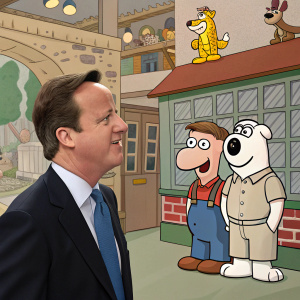 David Cameron, British politician, visits Aardman Animations. Cartoon characters in the background