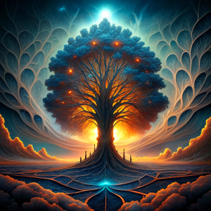 the tree of the knowledge of good and evil between hell below and heaven above; its roots and branches in the form of signal pathways in electronics
