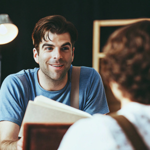 Zachary Quinto in a close-up portrait. Wearing a blue t-shirt, smiling softly. Dark studio background with text overlays and lighting