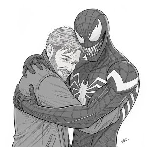 Sketch of Eddie Brock and Venom, line-art style. Eddie Brock with human-like features, Venom with alien appearance, stark contrast. Embrace pose.