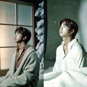 Photoshoot featuring Jin from BTS. A series of candid shots capturing him in various moods and settings. Jin's serene demeanor and neatly styled hair are on full display. The backdrop is a neutral, soft color palette with subtle, snowy textures in the background.