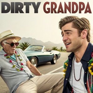 Film promotional poster for 'Dirty Grandpa'. Featuring Robert De Niro and Zac Efron. Neutral color palette with vibrant accessories and car.