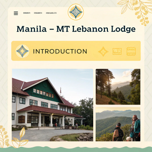 Homepage of Manila-Mt Lebanon Lodge. Features include logo header, introduction, historical highlights, member profiles, events calendar. Design elements: pastel shades, yellow accents.