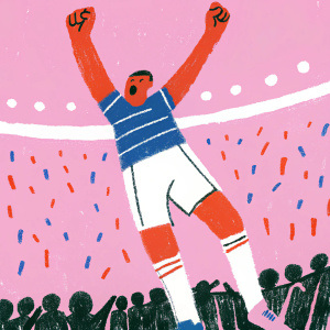 Kylian Mbappe, professional soccer player, intense pose. Background of cheering fans at a packed stadium. Digital illustration, vibrant colors and dynamic style