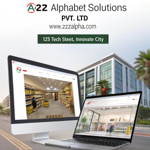A2Z Alphabet Solutions Pvt. Ltd., showcasing their e-commerce transformation services. Before-and-after website redesigns. Contact info: www.a2zalpha.com, 123 Tech Street, Innovate City