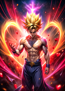 Title: "Hokun's Transformation into Super Saiyan: Battle Against Picoro"

Prompt:
"Hokun, a young warrior from a distant realm, undergoes a remarkable transformation, turning into a Super Saiyan. With newfound power coursing through his veins, he prepares to confront his long-time rival, Picoro, in an epic showdown. Capture the intense energy and fierce determination as Hokun unleashes his Super Saiyan abilities to clash with the formidable Picoro. Illustrate the dynamic battle scene, highlighti