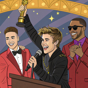 Cartoon illustration of Justin Bieber and fellow celebrities at award show.