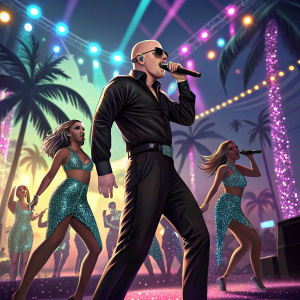 Pitbull performing at Coachella, dressed in black, surrounded by dancers in glittery outfits.