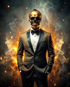 effect, photoshop action, realistic black gold skull with human body in tuxedo, fire, sparks, dust, explosion, smoke, sand, shadows, glow, glow, glare, light, slim, in style: serious, business, wise, quality xd, 