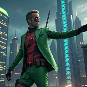 Ryan Reynolds as Deadpool, green suit, posing dramatically. Futuristic cityscape background.