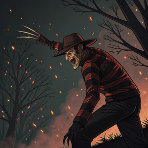 Freddy Krueger illustrated in a terrifying pose. Dark, ominous background with burning embers. Focused on Freddy's terrifying face and menacing claws. Exaggerated features and sharp claws. Comic book style