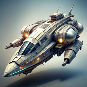 FUTURISTIC SPACESHIP EXPLORING NEW WORLDS, PHOTO-REALISTIC, SILVER COLOR, WHITE BACKGROUND