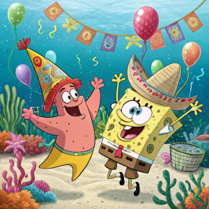 SpongeBob SquarePants and Patrick Star are celebrating a Mexican fiesta in Bikini Bottom. The background features a coral reef, with festive decorations including marigolds and papel picado.