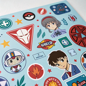A detailed collage featuring various Evangelion stickers, arranged in a vibrant pattern on a light blue background.