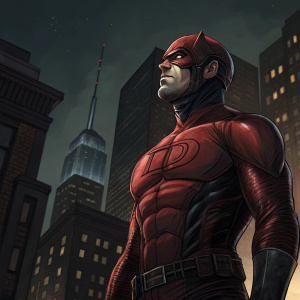 Digital illustration of Matt Murdock, also known as Daredevil. Robust physique with detailed muscles. Intense expression. Standing in front of a dark cityscape.
