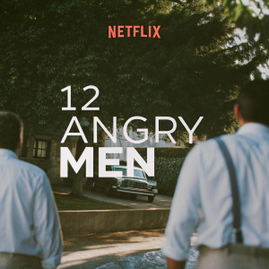 Website homepage for '12 Angry Men' movie analysis. Sleek black and yellow color palette. Featured text and images. Netflix logo prominently displayed. Modern layout with inset photos.