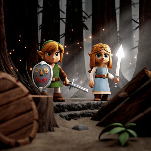 Fan art showcasing Link and Princess Zelda from 'The Legend of Zelda: Breath of the Wild'. Set in a mystical forest environment.