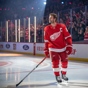 Darren Helm wearing a custom Detroit Red Wings jersey. Ice rink in background, spectators cheering.