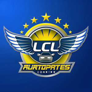 Generar logo con nombre LCL eslogan autopartes, género refacciones automotrices, en color azul, gris y amarillo, con una silueta de auto y alas 