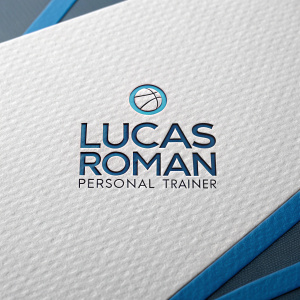 Lucas Roman Personal Trainer branding. Logo in modern sans-serif font on white textured surface with blue accents. Professional, clean design