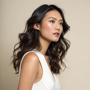 Professional portrait of a young Asian woman. Serious expression. Long wavy dark brown hair. White sleeveless top. Soft evenly distributed lighting in a studio setting. Focus on upper body and face. Neutral beige background, slightly blurred.