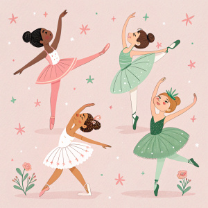 Flat 2D cartoon characters in diverse ballet poses. Soft pastel color palette featuring shades of pink and green. Simple shapes and designs