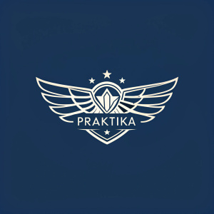 Digital illustration of a logo for Praktika. The logo features a sleek, winged emblem with the brand name 'Praktika' below. Set against a solid navy background.