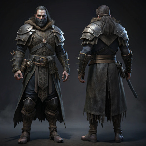 dark fantasy  game medieval warrior, medieval clothing ,concept art, front view and back view on one sheet, dark fantasy, 8k,  , no helmet , full shot, of , full range in camera, no helmet, no metal armor, dinamic pose,highly detailed 