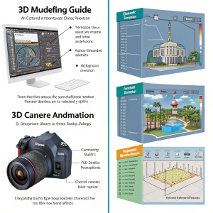 A comprehensive guide to 3D modeling and animation, illustrated in vivid detail. Features include step-by-step instructions for creating models, adjusting camera angles, and rendering scenes using advanced software tools.