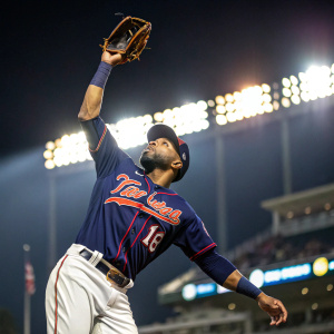 Aaron Hicks, in the middle of a thrilling catch. He's wearing his Minnesota Twins jersey and baseball glove. The stadium lights create a dramatic backdrop