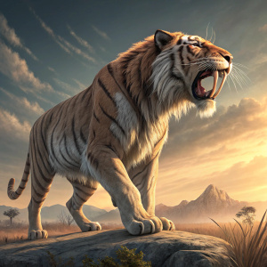 Digital 3D model of a Sabertooth Tiger, detailed textures, muscular build, dynamic stance, set against a gradient sky background.