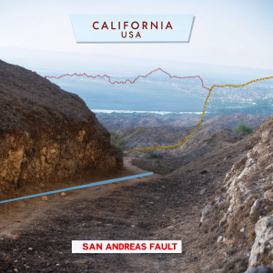 Detailed map of the San Andreas fault line. Shows Earth's crustal plates moving apart. California, USA.