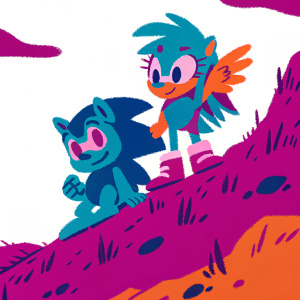 Digital illustration of Sonic the Hedgehog and Rainbow Dash. Sonic is a blue hedgehog in a dynamic pose. Rainbow Dash, a mythical creature with blue and unique features, stands behind him. They are on a rocky cliffside with grass and rocks, under a partly cloudy sky.