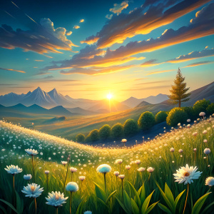 Spring Meadow with small white Flowers with the Sunrise in the background. Photo Realistic