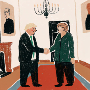 Formal handshake between Boris Johnson and Angela Merkel. Dark hall with chandeliers and portraits. International summit atmosphere.
