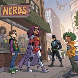 A comic-style illustration depicting Robin, Starfire, Raven, Cyborg, and Beast Boy hanging out in front of a quirky 'NERDS' cafe. The backdrop is a bustling urban street scene with a comic book art style.