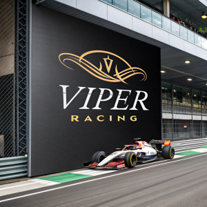 Viper Racing's branding is a series of sleek, modern designs. Each logo features the brand name in an elegant font paired with an abstract racing car illustration. Set against varied backgrounds, the logos maintain a professional color palette of blacks, whites, and metallics, emphasizing sophistication and speed.