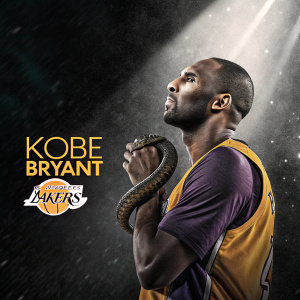 A vibrant digital art piece featuring Kobe Bryant in a serious pose, clutching a snake. The background is dark and textured, with dynamic lighting effects. The Los Angeles Lakers logo is prominently displayed.