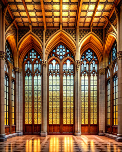 grand lobby wood hight wall hight 4 window gothic glass- high-definition - brown and black wood wall- old wood grey -nature stone floor background 