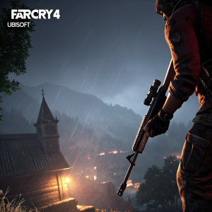 Realistic game screenshot. A player's arm in Far Cry 4. Dark background with white text overlay and Ubisoft logo