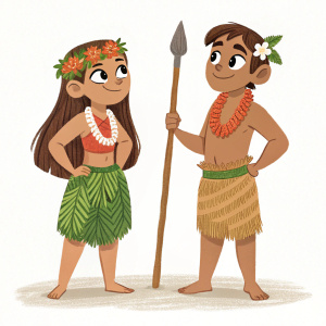Two villagers from Moana's village, side by side, simple outfits, friendly expressions. Plain background, digital illustration.