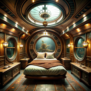inside a luxurious steampunck submarine bedroom