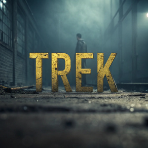 The word 'TREK' rendered in bold, rough-edged font. Dark, moody background. Blurred texture, giving a gritty, industrial feel.