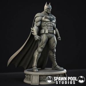 High-definition digital art of Batman statue. Spawn Pool Studios logo. Plain black background. Muscular build and intricate costume details