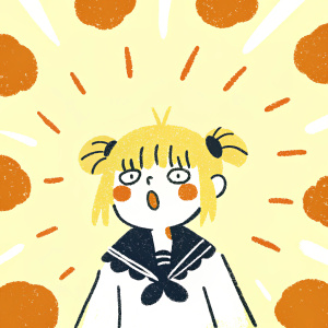 Digital illustration of Toga Himiko from Boku no Hero Academia. Chibi design with blonde hair and playful yet focused expression. Bright comic book style background with dynamic red splatters and shapes