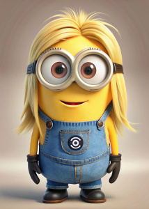 minion, weiblich, blond, Schriftzug "Sophie" auf Hose, braune augen,