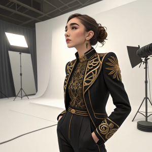 Rowan Blanchard on the set of a magazine shoot. Wearing a sleek black outfit with intricate gold detailing. White studio background with soft lighting.