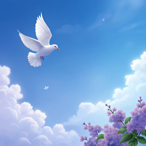 clear blue sky with lilac flowers in front with white dove silhouette