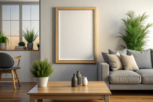 Frame mockup, ISO A paper size. Living room wall poster mockup. Interior mockup with house background. Modern interior design