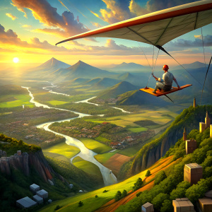 View from the top from the front, a hang glider soaring below, from the bottom left one can see a village behind the village up to the horizon of the fields settled on rectangles by plantings. In the middle of the picture is a green meadow, on the outskirts of the village frolicking children.On the right side from the bottom up the meadow crosses the river, behind the meadow on the right side of the strip of forest.On the right above the forest is seen a large city.The sun on the right above the